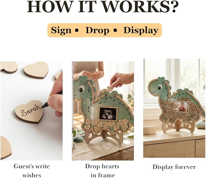 Dinosaur Guest Book Alternative Keepsake Frame - Baby Shower - Birthdays - Gender Reveal - Decorations - Premium Wooden Shadow Box Nursery Decorations - Gift Idea - Wooden Tokens and Token Sign Box Included - OneASaurus Theme (Green)