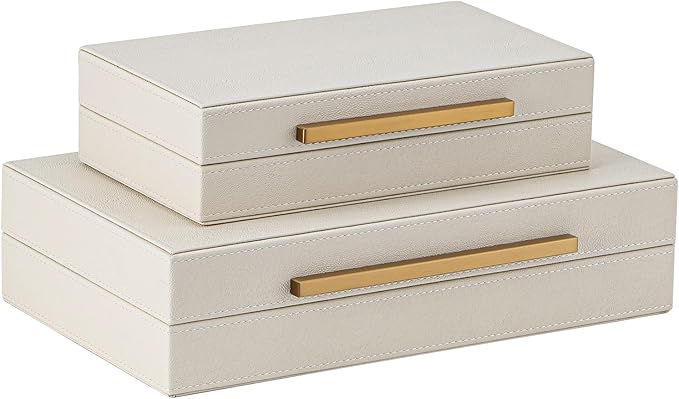 XIGEXIGE Faux Leather Large Modern Stackable Nesting Jewelry Box with Lids Organizer – Set of 2 Beige Shagreen Decorative Storage Boxes with Gold Metal Handles