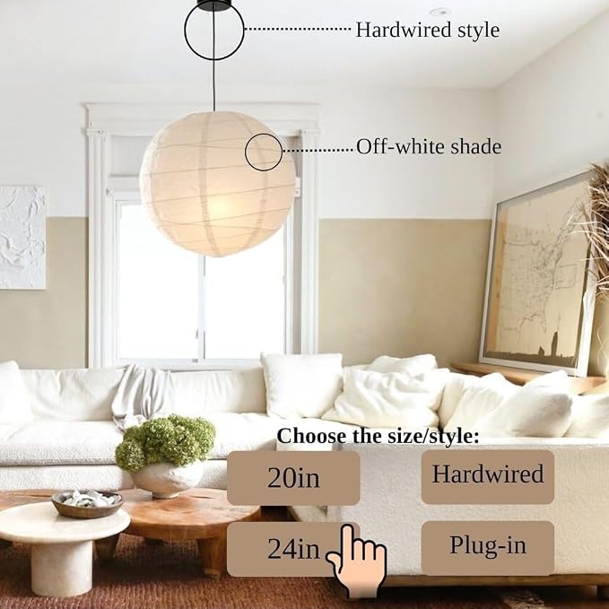Nogy Japanese Style Lantern Pendant Light - Off White Round Handmade Rice Paper Lamp Shade with Cord Kit (Hardwired, 19.6 in)