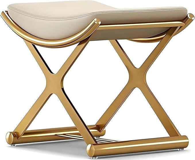 Makeup Vanity Stool Chair, Small Leather Upholstered Ottoman with Cushioned Seat and Metal X-Frame for Vanity Desk, Bathroom, Bedroom and Dressing Room, Gold