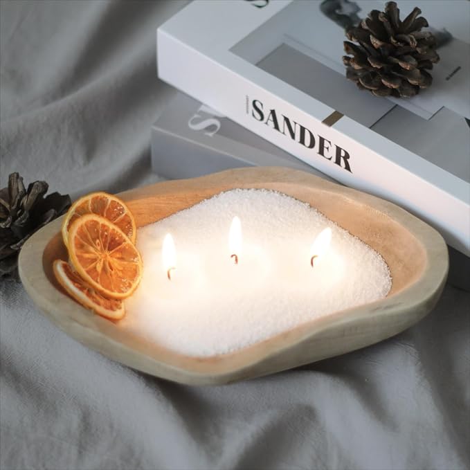 GrusoSP Reusable Wooden Dough Bowl Candle with 18 Oz Pearled Candle Sand and 30 Wicks Unscented Palm Sand Wax Refillable Powder Candles DIY Wax Making Kit (White)