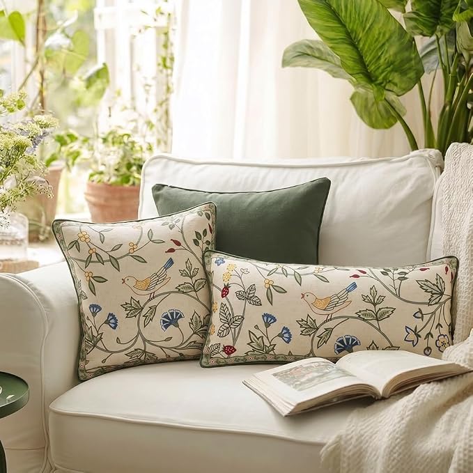 bilin gaier Designer Linen Throw Pillow Covers,18"x18" Set of 2-Idaho A | Vintage Elegant Square Pillow Cover,Concealed Zipper,Floral and Bird Pattern,Sofas,Bedroom,Living Room,Lounge Chairs
