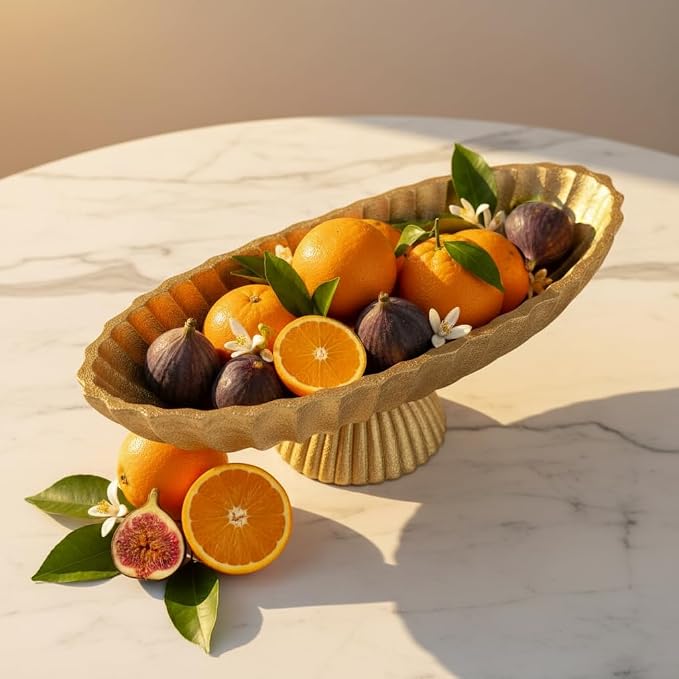 14.5" Large Decorative Long Bowl decor - Fluted Scalloped Decorative Bowls for Home Decor - Ruffle Decor,Stylish Key Bowl for Entry Table,Decorative Fruit Bowls for Kitchen Counter,Golden