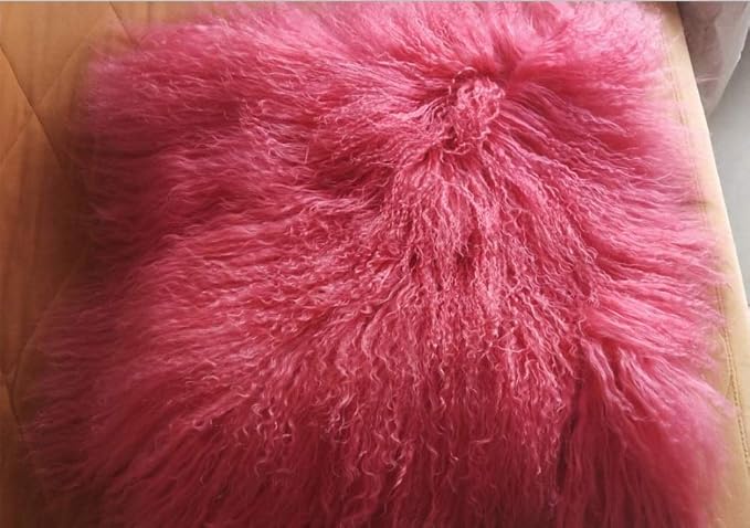 Real Tibetan Mongolian Lamb Sheepskin Wool Fur Super Soft Plush Leather Pillowcase Cushion Cover,Watermelon Red,16x16inch