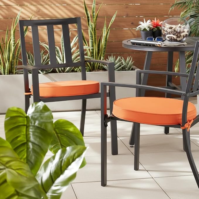 Set of 2 Outdoor 18 inch Round Patio Dining Chair Pads – Comfortable Fiber-Filled Seat Cushions with Ties, Reversible Polyester Fabric, Rust