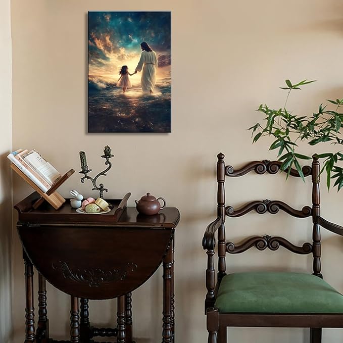 Eysintum Framed Jesus Wall Art, Jesus with Girl Canvas Print, Christian Faith Inspirational Decor for Kids Room Nursery Living Room 12x16in Ready to Hang