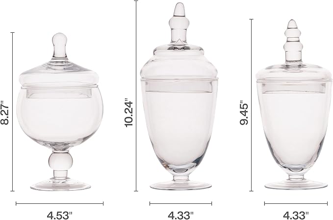 Elements Clear Glass Apothecary Jars with Lids, Set of 3 - Decorative Storage Jars for Home, Kitchen, Bathroom - 10, 9.5, 8.5 Inch Handcrafted Display Jar Set