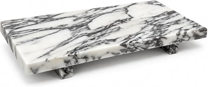 Natural Marble Rectangular Decorative Tray Pedestal Stand, 13.8 x 6.7 in Bathroom Vanity Counter Organizer, Jewelry Keys Candles and Soap Display Stone Tray