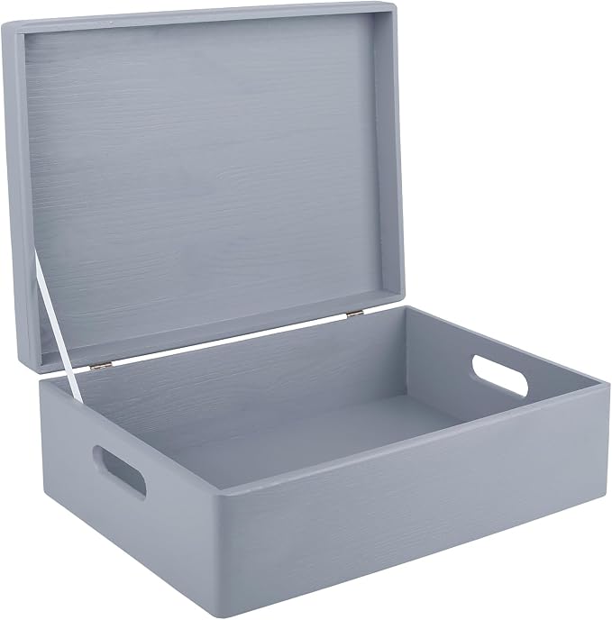 Creative Deco XL Gray Wooden Box Storage with Hinged Lid | 15.8x11.8x5.5in (+-0.5) | Keepsake with Handles | Gift Box for Tool Dog Toy Kitchen Storage | Wood Chest Trunk