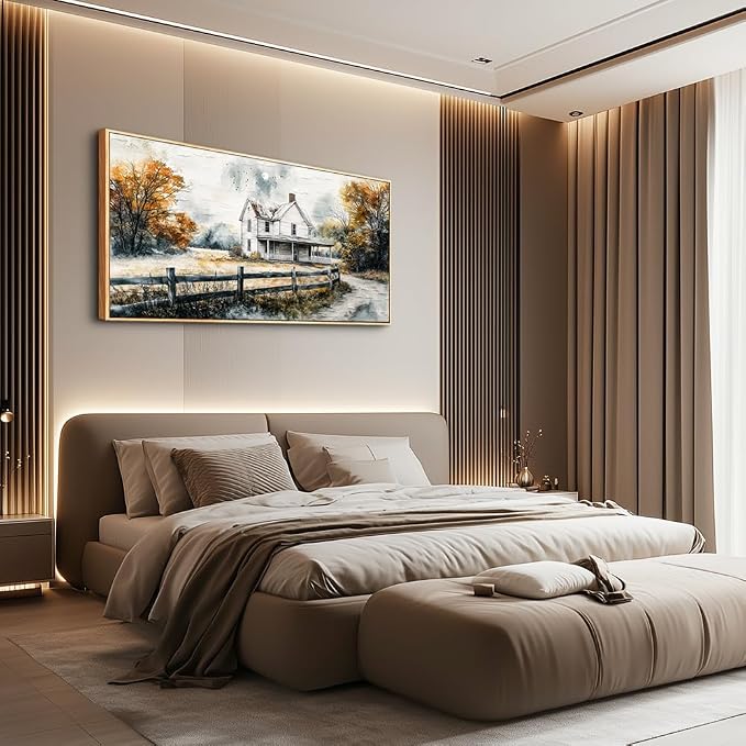 QIYILEXWART Wood Framed Canvas Wall Art For Living Room Wall Decor For Bedroom Office Wall Decoration White Hut Painting Farmhouse Watercolour Pictures Artworks Room Home Decor Ready To Hang