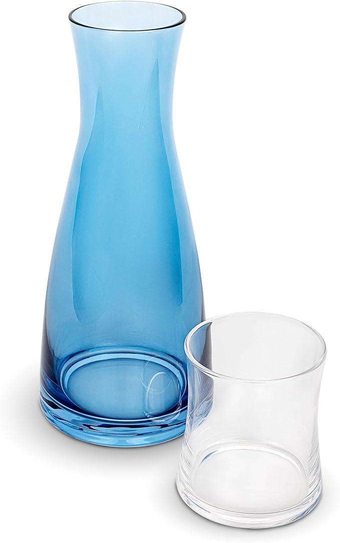 American Atelier 33 oz Bedside Water Carafe with Tumbler – 9" Glass Pitcher with Cup Lid for Nightstand, Guest Room & Office, Smooth Glass Design, Functional & Stylish Drinkware (Blue)