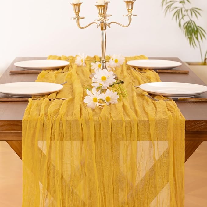 Socomi Gold Yellow Cheesecloth Table Runner Easter Spring Boho Rustic Gauze 120 inch 10FT Cheese Cloth Runner for Wedding Party Baby Shower Birthday Home Decor Holiday Decorations
