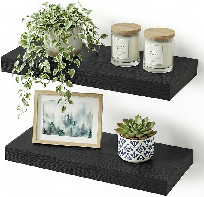 Vivelove Floating Shelves for Wall 6.7" Deep Wall Shelves with Invisible Brackets for Bedroom, Bathroom, Living Room, Kitchen, Office- 16”wx6.7”dx1.4”h, Set of 2, Black