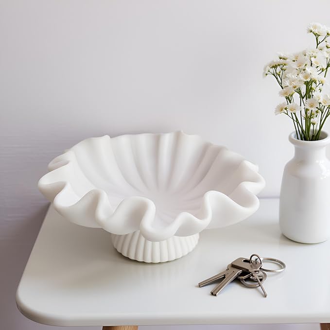 10" Large Decorative Bowl decor - milky white Scalloped Decorative Bowls for Home Decor - Organic Fluted Modern Home Decor,Ruffle Decor key bowl,bowl for keys