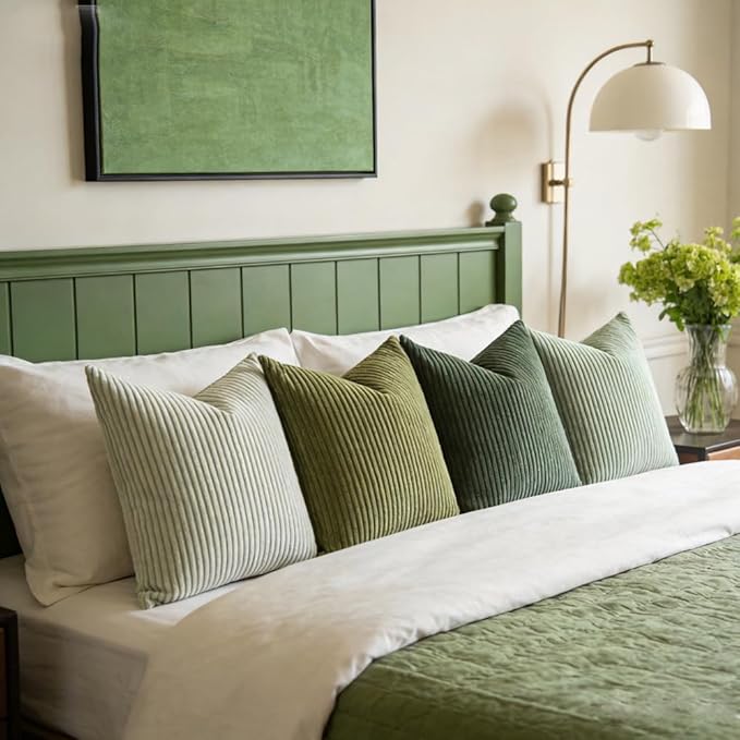 LANANAS Neutral Couch Throw Pillow Covers 18x18 Inch Set of 4 Sage Green Decorative Farmhouse Boho Pillows for Living Room, Bed, Sofa Soft Corduroy Accent Home Decor (Mossy Hues, 18x18 Inch)