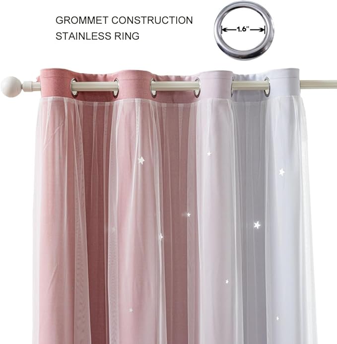 FANLI 84 Length Star Blackout Curtains for Kid Girls Bedroom Ombre Rainbow Darking Double Layer Star Cut Out Wall Home Decor Gradient Grommet Window Curtains (Pink White 84L)