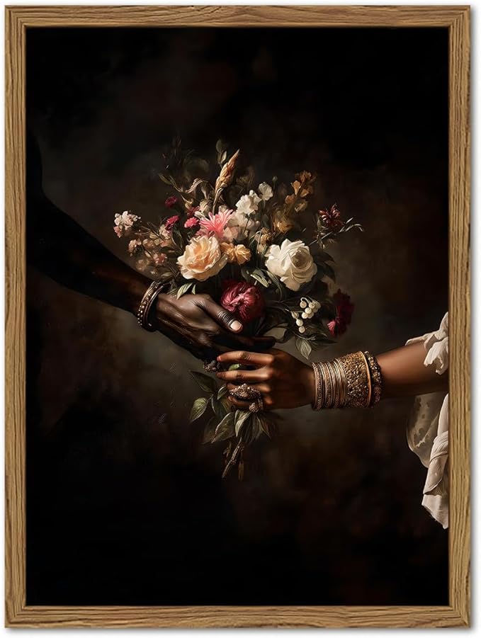 Framed Black Love Floral Wall Art, African American Couple Canvas Wall Decor Prints, Dark Romantic Holding Flowers Paintings Pictures Moody Home Decor Aesthetic for Living Room Bedroom 12x16 inch