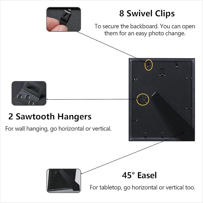 CORE ART 11x14 Picture Frame, Black Picture Frames 8x10 with Mat or 11 x 14 without Mat for Wall or Tabletop Display, Photo Frame Set of 4