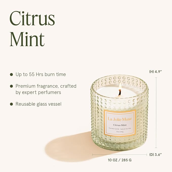 LA JOLIE MUSE Citrus Mint Scented Candles for Home, Natural Soy Wax, 55 Hrs | Large Jar Luxury Candle, Clean Non Toxic, Gift for Women & Men, Decorative Fresh Candle, Spring Summer Candles, Bergamot Yuzu