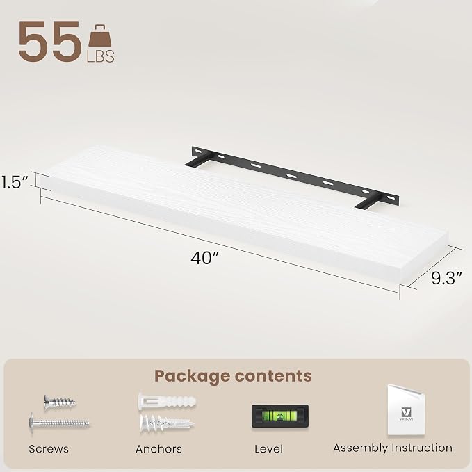 Vivelove White Floating Shelves 40 Inches Long, Wall Display Shelves with Invisible Brackets, for Bathroom Living Room Kitchen Bedroom Office Farmhouse Home Decor, 40x9.3X 1.5 - Set of 2, White