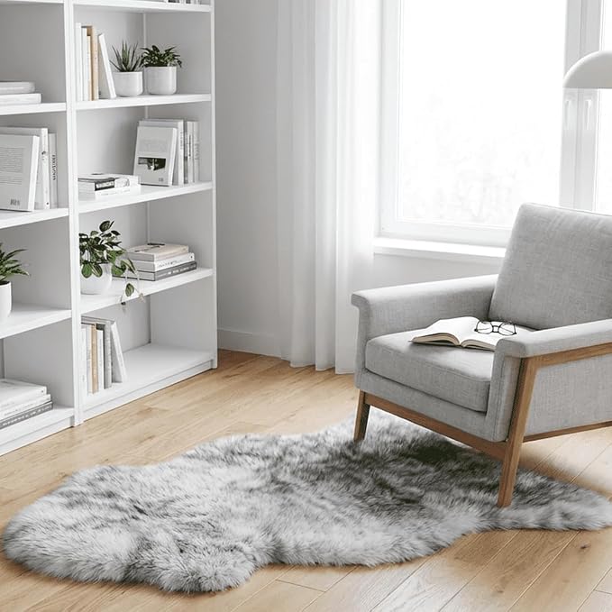 Fluffy Real Sheepskin Rug, Shaggy Fur Premium Soft Bedroom/Living Room Area Rug for Soft Fur Pray Pup Carpet Cushion, Chair Sofa Seat Cover(Wolf Tipped, Single Pelt/2FT*3FT)