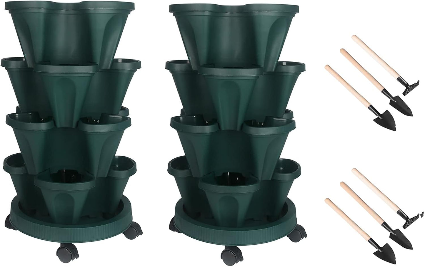 Vertical Planter 4 Tier Stackable Planters Garden Planters Strawberry Herb Flower and Vegetable Planter Indoor Outdoor Gardening Pots with Removable Wheels and Tools 2-Pack