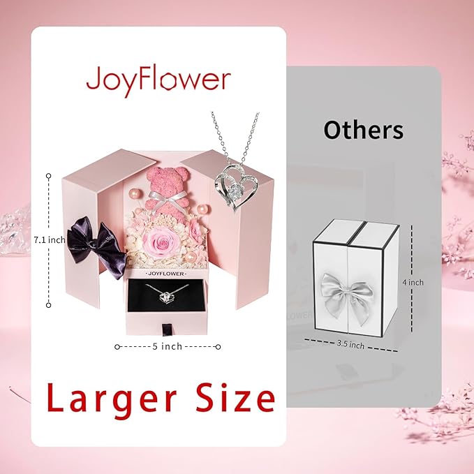 JoyFlower Preserved Flowers Bear with Necklace Gifts for Girlfriend, Unique Pearl Rose Bear Necklace Birthday Gifts for Mom, Eternal Roses Mother's Valentine's Day for Wife Grandma Her
