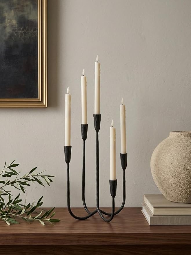 Denique 5-Arm Cast Iron Candelabra with LED Flameless Taper Candles and Remote, Tall Metal Vintage Candle Holder Centerpiece for Dining Table, Wedding and Event Decor, Black
