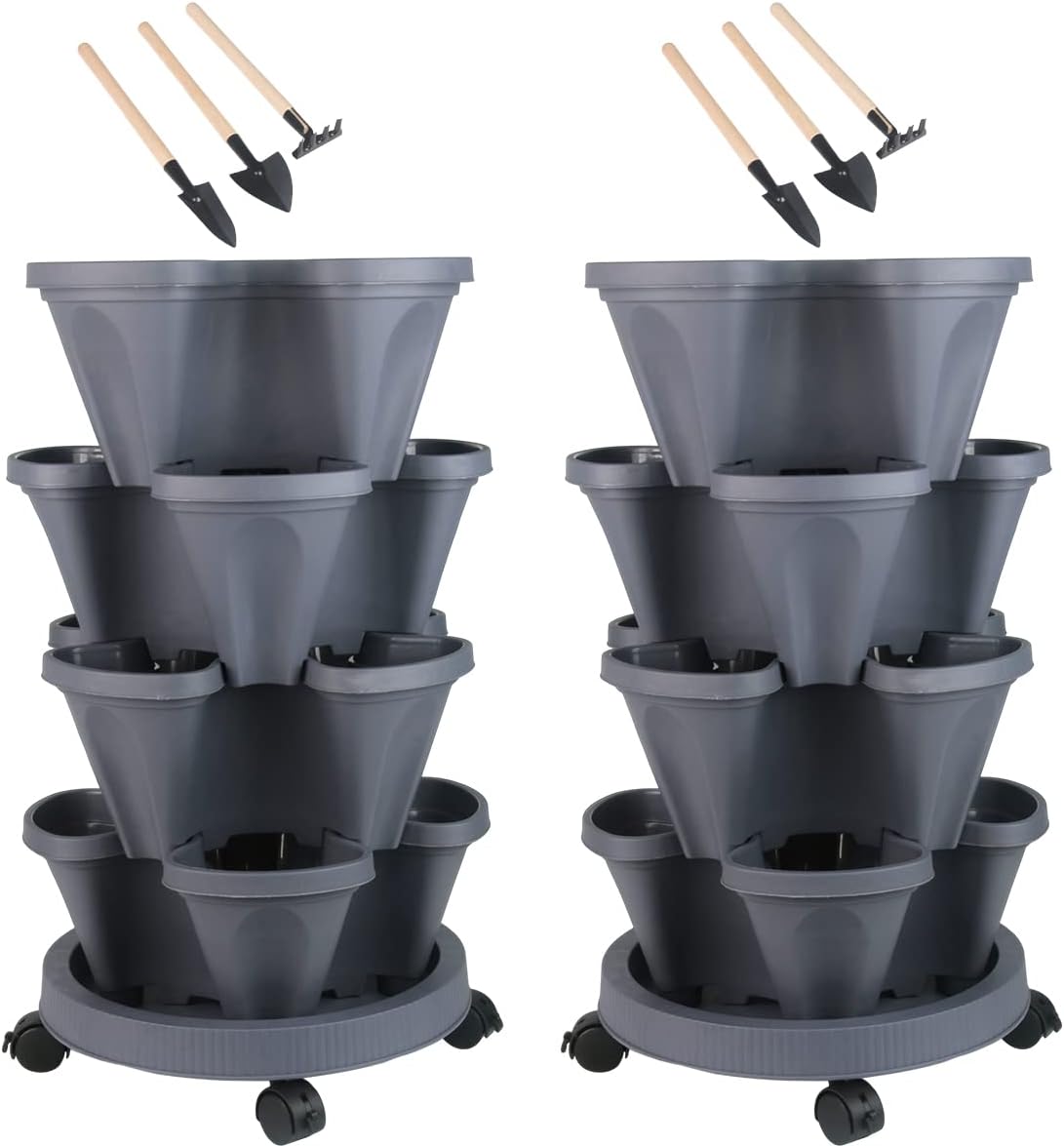 DUNCHATY Stackable Planter, Vertical Garden Planter with Wheels and Tools, Self Watering Strawberry Planter Indoor/Outdoor 4 Tier Herb Planter Pots for Growing Vegetables and Succulents, Dark Gray