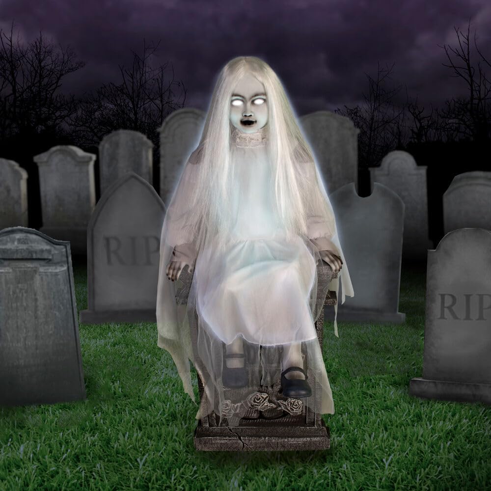Haunted Hill Farm Motion-Activated Sitting Tombstone Girl by Tekky, Talking Animatronic for Indoor or Covered Outdoor Creepy Halloween Decorations, Plug-In or Battery Operated Prop