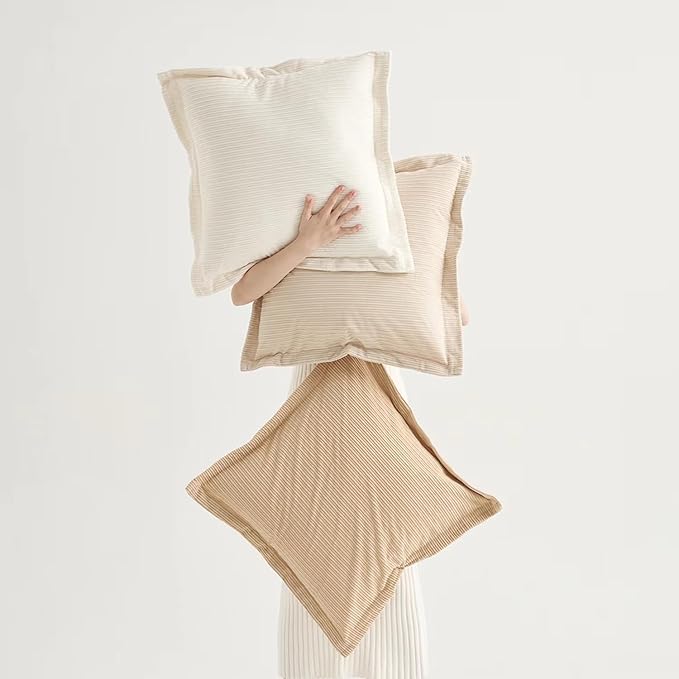 COCO TOP Set of 3 Decorative Vintage Throw Pillow Covers 20x20inch, Soft Striped Textured Corduroy Square Cushion Pillowcases for Modern Bedroom Living Room Farmhouse Decor(Camel, Beige & White)