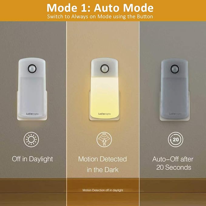 Night Light Plug into Wall with Motion Sensor, Auto On/Off, Portable with 3 Adjustable Modes, Nightlight for Kids, Nursery, Bedroom, Bathroom and Hallway (2 Pack)
