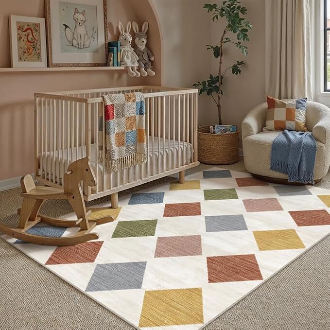 PureCozy Machine Washable 3x5 Area Rugs for Kids Room Modern Soft Colorful Checkered Indoor Door Mats Non-Slip Stain Resistant Low Pile Accent Small Rug for Nursery Kitchen Laundry Entrance