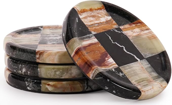 Marble Coasters Set of 4, Zebra Black & Green Handmade 4 inch Round Natural Marble Coaster, Elegant Drink Checkered Coaster Plates for Coffee Table, Stylish Bar Accessories & Home Décor
