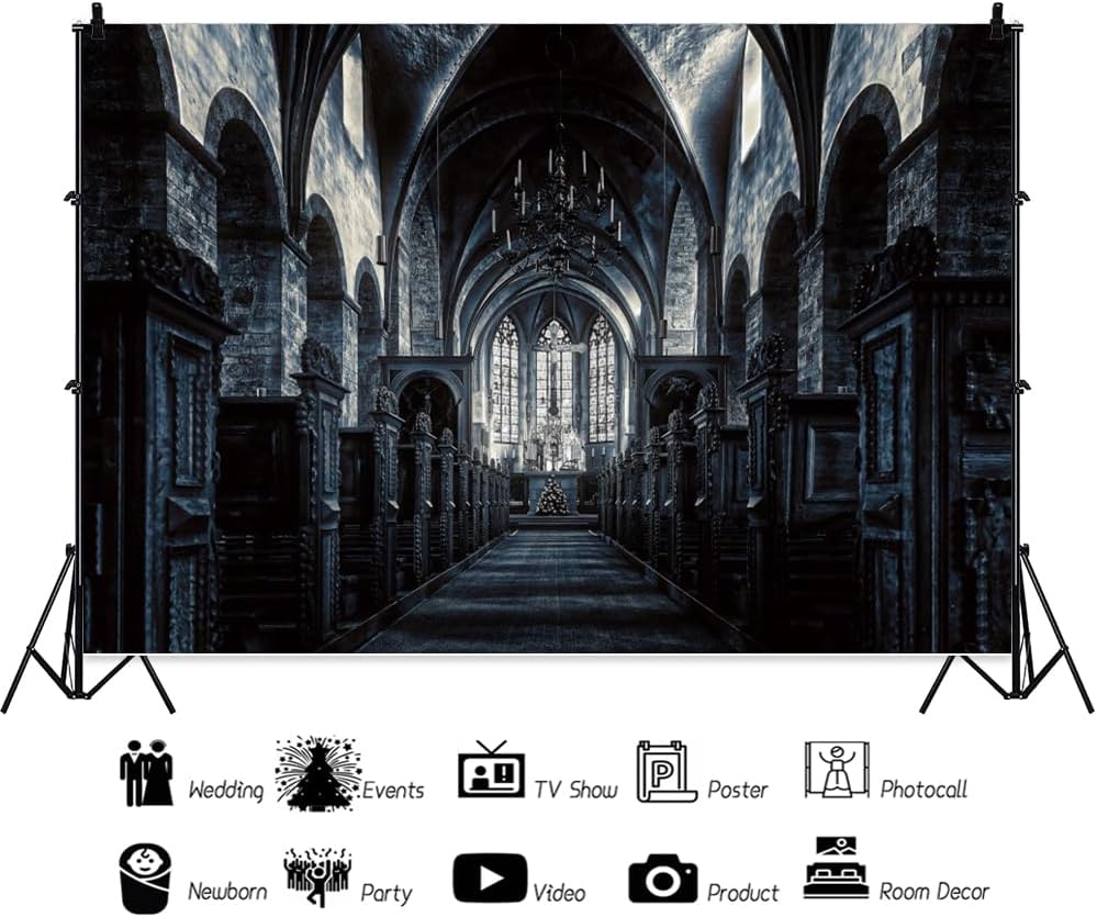 ChloropLastid 12x8ft Scary Church Halloween Backdrop Dark Black Horror Gothic Medieval Castle Interior Photography Background Halloween Night Carnival Theme Party Decor Banner Photo Studio Props