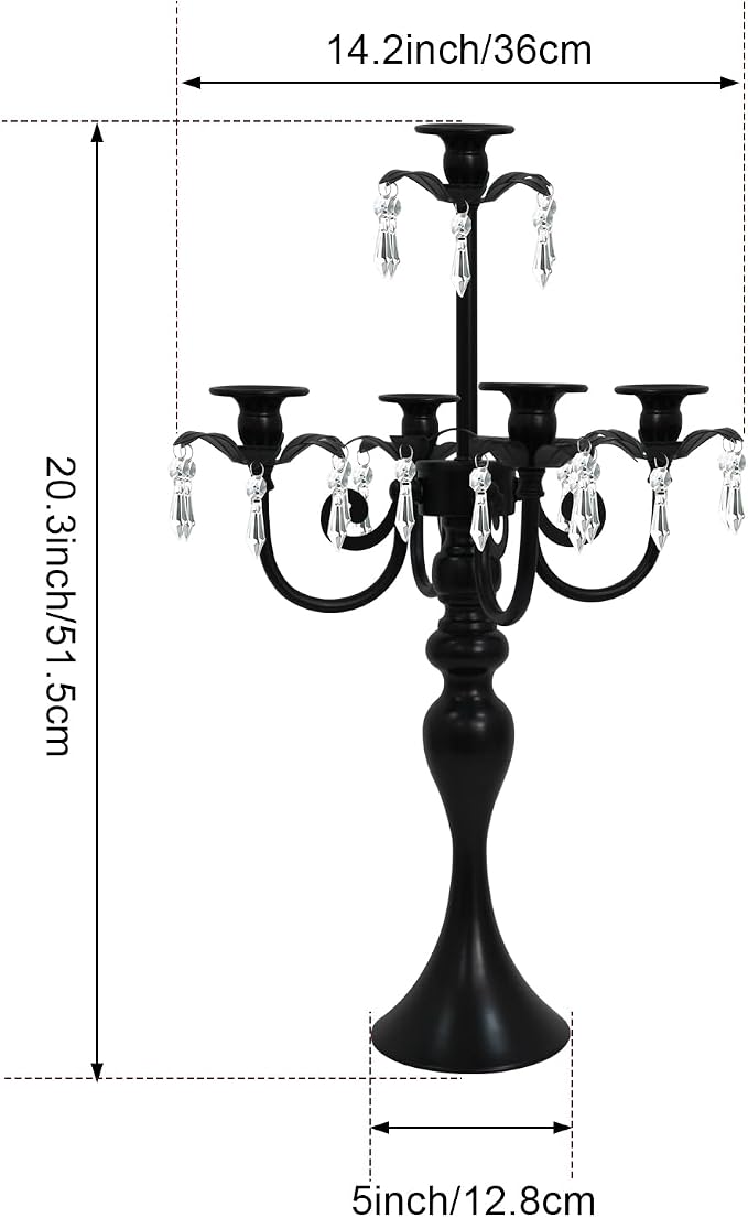 5 Arm Black Candelabra Centerpiece for Table, 20.3” Tall Metal Candlestick Candle Holder for Taper Candles, Gothic centerpieces for Tables, Wedding, Party, Reception (Black, 2pcs)
