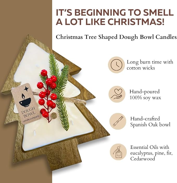 Dough Bowl Candle Co. Christmas Tree Shaped Candle - 14x10x2 6 Wick Brown Large Wooden Bowls for Decor, Mistletoe, Pine, Fir, Cedarwood Scented Decorative Wood Bread Bowl, Rustic Vegan Holiday Gift