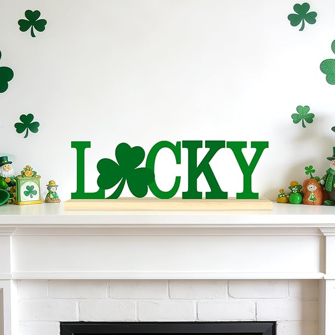 Metal St. Patrick’s Day LUCKY Table Sign, St. Patrick’s Day Tabletop Decoration with Wood Base, Green Shamrock Holiday Centerpiece Sign Decor for Home, Office, Shelf, Mantel Party Supplies
