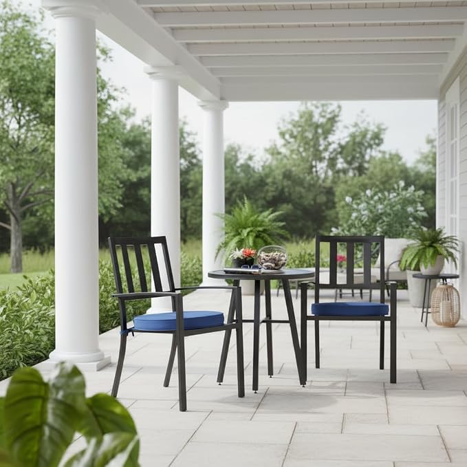 Set of 2 Outdoor 18 inch Round Patio Dining Chair Pads – Comfortable Fiber-Filled Seat Cushions with Ties, Reversible Polyester Fabric, Marine Blue