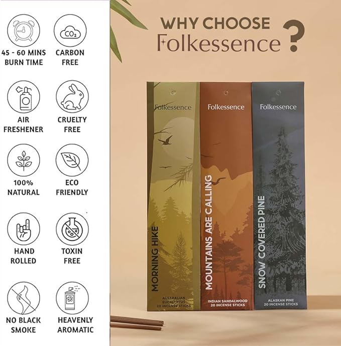 Folkulture Incense Sticks (120 Sticks) | Set of 6 Premium Incense For Relaxation, Aromatherapy| No Charcoal, Organic, Non Toxic, 45 Mins, Long Burning Sandalwood, Eucalyptus, Palo Santo Insence-Sticks