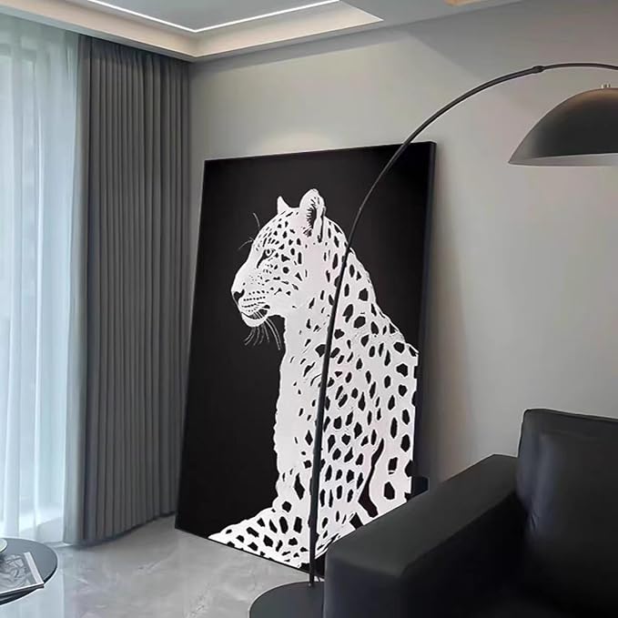 YaSheng Art : Hand Painted Oil Painting,Canvas Wall Art, Modern Black and White Leopard Wall Art Canvas, Large Contemporary Wildlife Home Decor Wall Art for Living Room, 24x36 inches