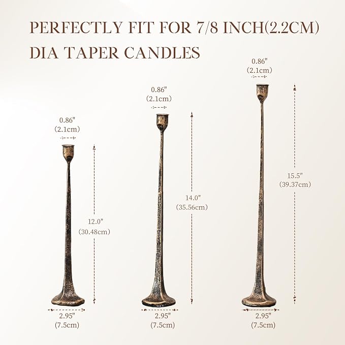 Set of 3 Candle Stick Holders, Iron Antique Gold Candlestick Holders, Fits 3/4 inch Thick Candles, Tapered Candle Holders Tall Set for Dining Table, Wedding, Home Decoration