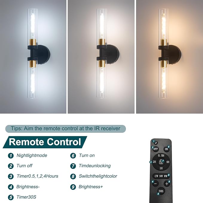 Battery Operated Wall Sconces, Wall Sconce Set of 2, 3000K-6500K Black Rechargeable Wall Lamp with Remote, Indoor Non-Hardwired Wall Lamps, Modern Vanity Light for Bedroom, Living Room, Aisle