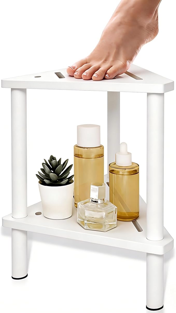 Yoshiky White Shower Foot Rest 15in, Shower Stool for Shaving Legs, Waterproof Wood Corner Shower Stool with Storage Shelf for Inside Small Shower Spaces, Bamboo