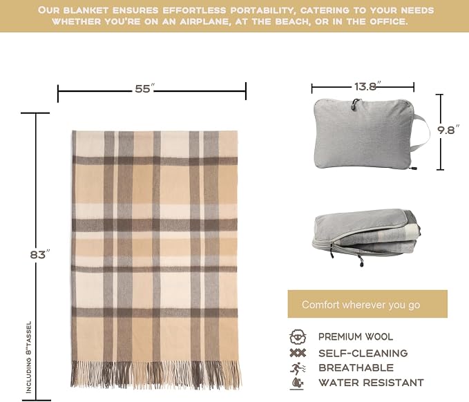 Pure Wool Blanket - Soft Lightweight Breathable Blanket Large 55x83 inches, 1.5 lbs, Wool Fringed Knee Throw Blanket for Couch Bed Outdoor Travel,Tartan-Camel/Cream