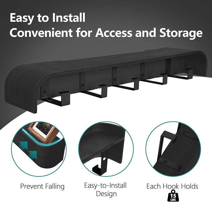 Coat Rack Wall Mount with Shelf 5 Hidden Hooks Modern Wooden Key Holder Entryway Organizer for Hallway Bedroom Bathroom Home Decor Storage for Hanging Coats Hats Bags Towels, Black