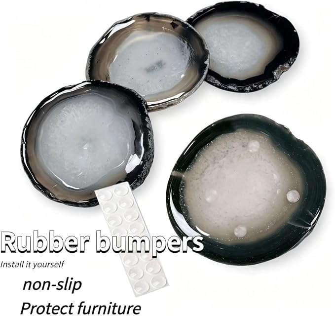 Gray Agate Coaster Drinks Crystal Cup Stone Coasters Set of 4 Geode Agate Slices with Rubber Bumpers for Coffee, Wine or Bar Glasses (4"-5")