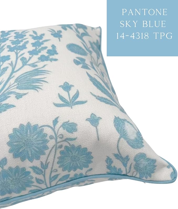 Jillien Harbor “The Charlotte” Bright Sky Blue Floral Block Print Pillow Cover – Off-White Decorative Throw Pillow Cover – Grandmillennial Home Decor, 20" x 20"