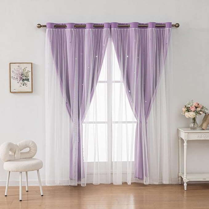 FANLI Ombre Rainbow Blackout Curtains for Kid Girls Bedroom Living Room Darking Stripe Double Layer Star Cut Out Wall Home Decor Gradient Grommet Window Curtains (Purple 72L)