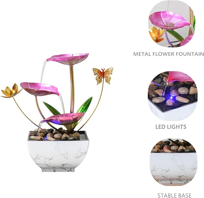 11‘’ H Pink Tabletop Water Fountain, Zen Desktop Waterfall, Indoor Lotus Desktop Decorative Fountain, Home Bathroom Bedroom Decor.